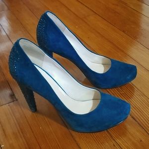 Nine West Coldfeet Teal Blue Suede Heels 8.5